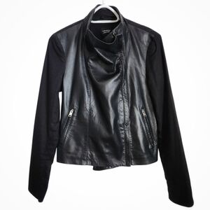 Lamarque Black Leather and Linen Jacket Draped Moto
